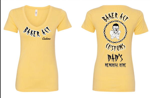 Ladies "Dad's Memorial Ride" Pale Yellow & White Logo T-Shirt