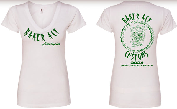 Ladies "Anniversary Party" White with Green Logo T-Shirt